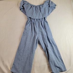 EVERLY Jumpsuit Cotton Blue Wide Leg Off the Shoulder